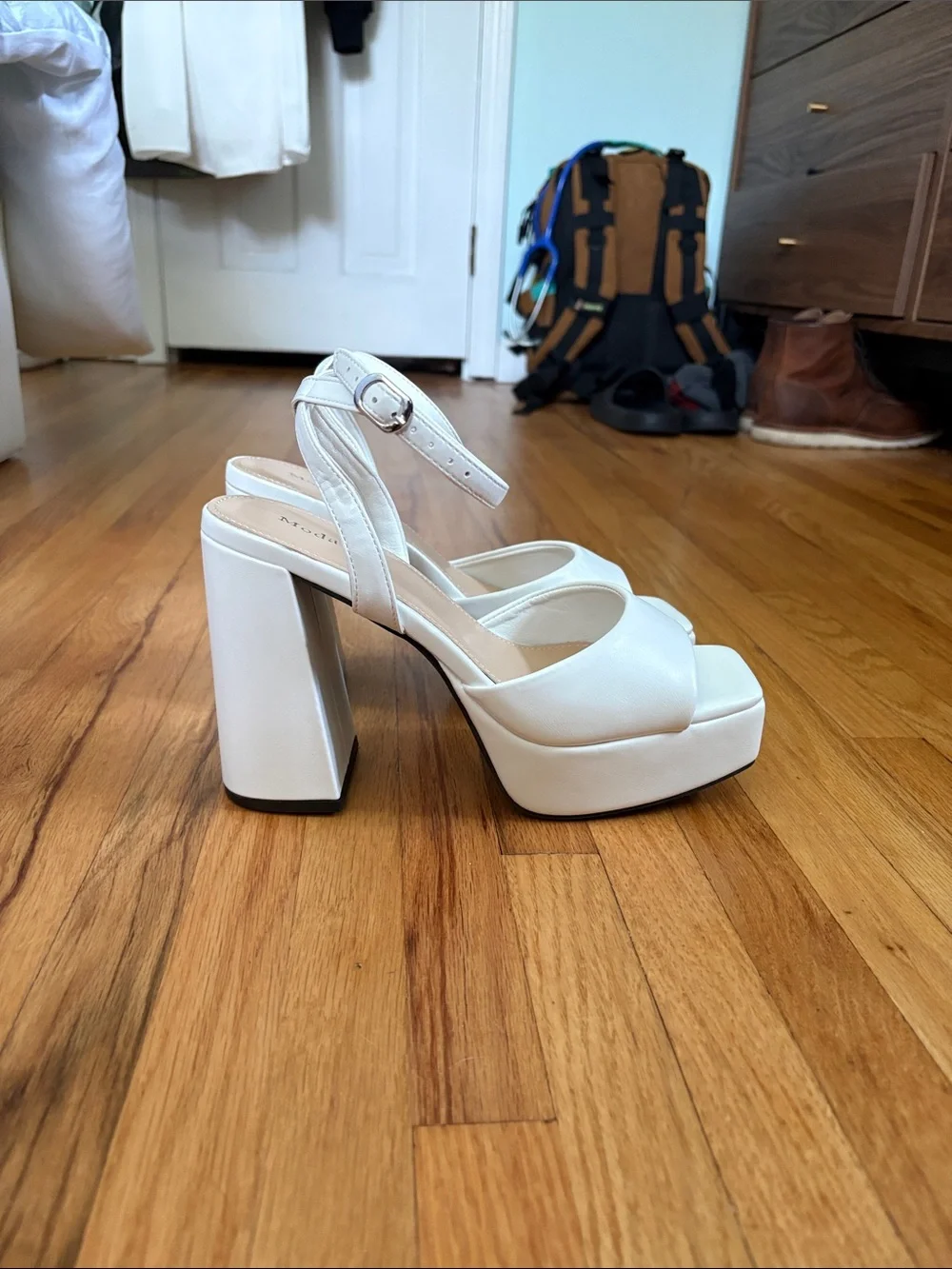 White Platform Block Heel Sandals with Ankle Strap